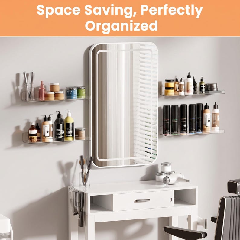 May include: A rectangular wall mirror with a white frame, flanked by four clear acrylic floating shelves holding various skincare and hair products. Below the mirror is a white vanity table with a single drawer and a side-mounted tool holder.