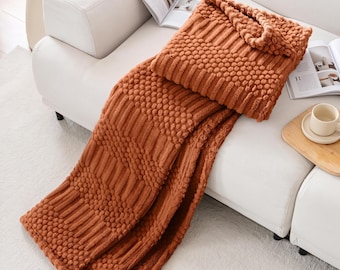 Rust Throw Blanket 50x60 | Textured Ribbed Popcorn Knit Fleece Throw for Couch & Bed | Cozy Terracotta Fall Blanket for Living Room