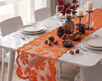 Orange Lace Table Runner 13x72 | Maple Leaf Fall Table Decor | Scalloped Autumn Runner for Thanksgiving Dining & Console