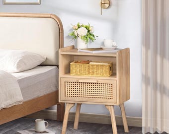Rattan Nightstand with Drawer | Boho Cane Bedside Table with Open Shelf Wood Legs | Small Side Table for Bedroom Dorm Apartment