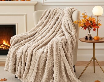 Khaki Fleece Throw Blanket 50x60 | Soft Textured Boho Throw for Couch & Bed | Cozy Lightweight All Season Blanket | Neutral Home Gift