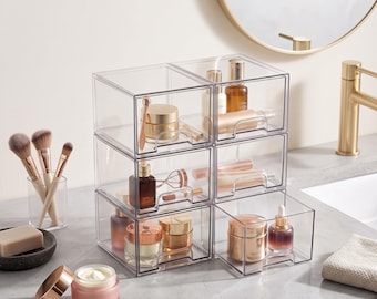 Clear Acrylic Storage Drawers Set of 4 | Stackable Plastic Organizer Bins Makeup Bathroom Vanity Desk Cabinet with Handles