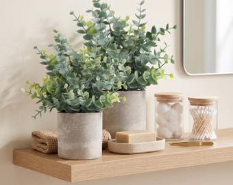 Small Faux Eucalyptus Plants Set of 2 in Grey Pots | Sage Green Fake Plants for Bathroom Shelf Office Desk | Modern Home Decor