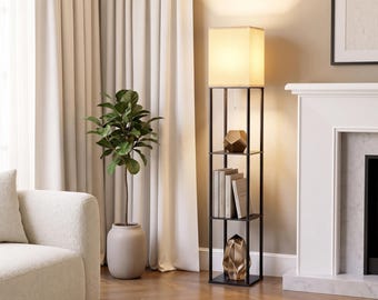 Floor Lamp with Shelves 63" | 3 Tier Black Standing Shelf Lamp with Linen Shade | Corner Storage Tower for Living Room & Bedroom