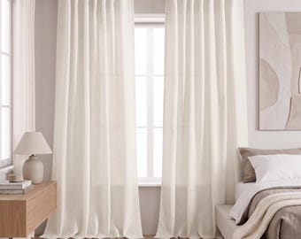 Cream Linen Curtains 84 Inch | Back Tab Semi Sheer Linen Drapes | Neutral Modern Farmhouse Living Room Panels | Natural Ivory | Set of 2