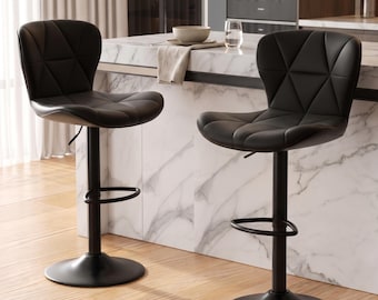 Bar Stools Set of 2 | Adjustable Swivel Counter Height Stools with Back, Black Faux Leather | Modern Bar Chairs for Kitchen Island
