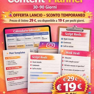Può includere: Grafica di un Instagram Content Planner con testo e icone. Il design include un calendario, modelli di post e script Reels. La combinazione di colori è un mix di rosa, arancione e bianco, con uno sconto promozionale.