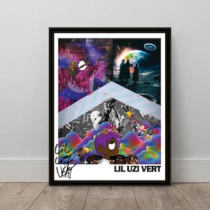 Puede incluir: Impresión artística enmarcada que presenta un collage de imágenes con una paleta de colores vibrantes. La obra de arte incluye un retrato de un personaje de dibujos animados con pelo morado, el texto "LIL UZI VERT" y otros elementos gráficos. La impresión se presenta en un marco negro.