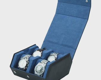 Hexagon vegan leren reisetui met 4 horloges, luxe horlogeopberger