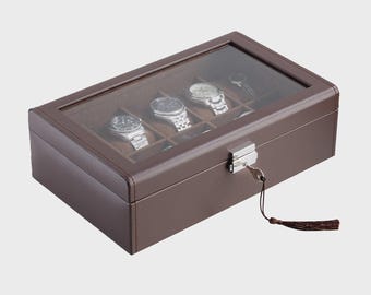 Luxury Vegan Leather 10 Slot Watch Box – Glass Top Display