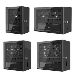 May include: Four black watch display cases with glass doors. Each case has multiple watch holders and a drawer. The cases have a glossy finish and are set against a white background. The cases are closed and locked.