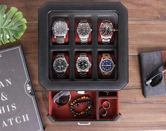 6-Slot Watch Box Organizer, Glass Top, Valet Drawer