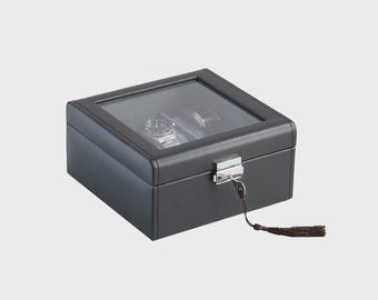Caja de lujo para relojes de hombre: 6 ranuras con tapa de cristal y cerradura, organizador de relojes de cuero vegano, regalo
