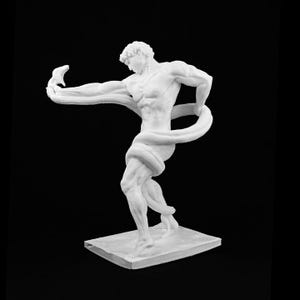 May include: A white sculpture of a muscular figure entwined with a snake. The figure stands on a rectangular base, with the snake wrapped around the body and arm. The sculpture is set against a black backdrop.
