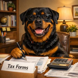 Può includere: Un cane Rottweiler con occhiali e un collare rosso è seduto a una scrivania con moduli fiscali e una calcolatrice. Il cane tiene in mano una penna e sorride. Un cartello recita "Tax Forms". Il cane ha il pelo nero e marrone.