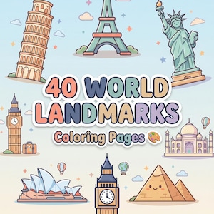 Puede incluir: Ilustración colorida para la portada de un libro para colorear con monumentos del mundo. La portada muestra el texto "40 World Landmarks Coloring Pages" con imágenes de la Torre Eiffel, la Estatua de la Libertad y la Torre de Pisa.