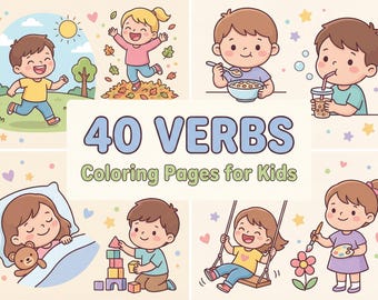Puede incluir: Ilustración colorida con niños realizando diversas actividades. Incluye el texto "40 VERBS Coloring Pages for Kids." Las escenas muestran niños corriendo, jugando en hojas, comiendo, bebiendo, durmiendo, construyendo bloques, columpiándose y pintando.