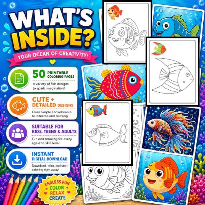 50 Fish Coloring Pages Printable PDF Bundle | Kids, Teens, Adults ...