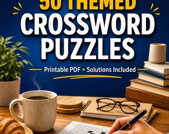 50 thematische kruiswoordpuzzels voor volwassenen – Gemakkelijk tot gemiddeld moeilijkheidsniveau (printbaar pdf-bestand, direct te downloaden)