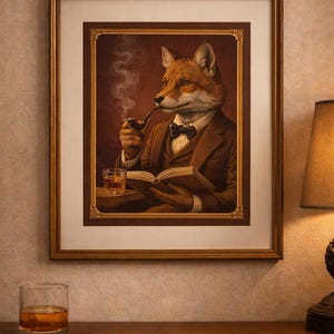 May include: Framed artwork showing a fox in a suit, smoking a pipe and reading a book. The fox is wearing a bow tie and a brown suit. A glass of amber liquid sits on a table in front of the artwork.