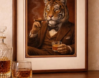 Vintage Tiger Bar Art – 19th Century Engraved Anthropomorphic Tiger Print – Whiskey & Cigar Wall Art – Digital Download-Retro Animal Poster