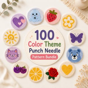 May include: A collection of circular punch needle coasters featuring various designs including a purple heart, blue ghost, red strawberry, yellow flower, sun, purple cat, purple eggplants, lemon slice, red rose, yellow heart, butterfly, and blue bear.