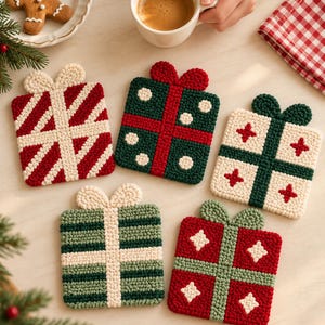 Könnte beinhalten: Fünf quadratische Häkeluntersetzer in Form von Geschenkpaketen mit Schleifen. Die Designs umfassen rot-weiße Diagonalstreifen, eine dunkelgrüne Basis mit weißen Punkten und rotem Band, eine weiße Basis mit grünen Bändern und roten Kreuzen, grüne Streifen sowie rote Quadrate mit weißen Rauten.