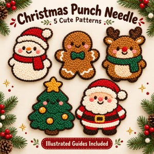Puede incluir: Cinco diseños de punch needle con un muñeco de nieve, un hombre de jengibre, un reno, un árbol de Navidad y Santa Claus. El texto dice Christmas Punch Needle 5 Cute Patterns e Illustrated Guides Included. Cada figura tiene textura.