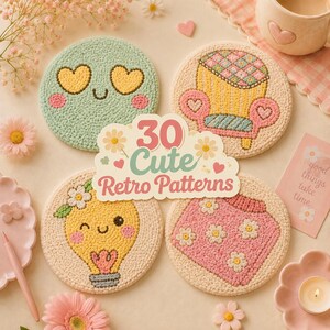 May include: Four embroidered coasters with retro designs are displayed. One has a smiling face with heart eyes, another a yellow armchair, a lightbulb, and a pink square with flowers. The text "30 Cute Retro Patterns" is also visible. The coasters are round.