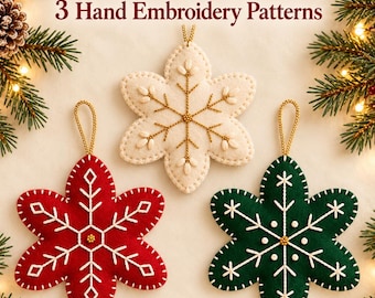 May include: Felt Snowflake Ornaments 3 Hand Embroidery Patterns digital download. Three snowflake-shaped felt ornaments in red, white, and green with white embroidery and gold hanging loops. Includes patterns, stitch guide, and instructions.