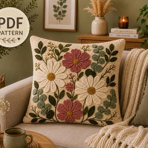 Floral Punch Needle Pillow Pattern, Boho Punch Needle Cushion Pattern, Punch Needle Templates, Instant Download PDF