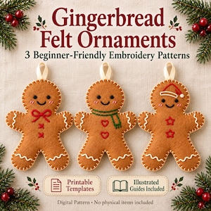 Könnte beinhalten: Drei braune Filz-Lebkuchenmännchen-Ornamente mit Stickereien und weißen Bandschlaufen. Der Text lautet: Gingerbread Felt Ornaments, 3 Beginner-Friendly Embroidery Patterns, Printable Templates, Illustrated Guides Included, Digital Pattern.