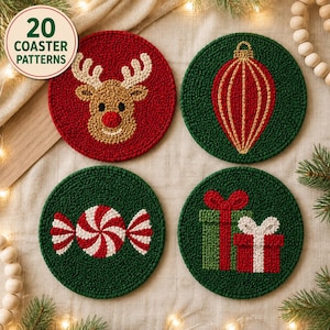 May include: Four circular punch needle coasters featuring holiday designs: a tan reindeer on a red background, a gold ornament on green, a red and white peppermint candy on green, and two wrapped gift boxes on green. Text reads 20 COASTER PATTERNS.