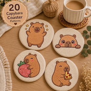 May include: Four round, off-white coasters featuring embroidered capybara designs. One shows a standing capybara with stars, one shows a capybara peeking over a ledge, one holds a pink strawberry, and one eats a slice of pizza. Text reads 20 Capybara Coaster Patterns.