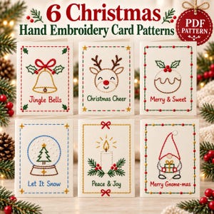 Könnte beinhalten: Sechs weiße Grußkarten mit weihnachtlichen Handstickmustern, darunter eine Glocke, ein Rentier, ein Pudding, eine Schneekugel, eine Kerze und ein Wichtel. Jede Karte hat einen gestickten Rand und die Aufschriften Jingle Bells, Christmas Cheer, Merry & Sweet, Let It Snow, Peace & Joy sowie Merry Gnome-mas.