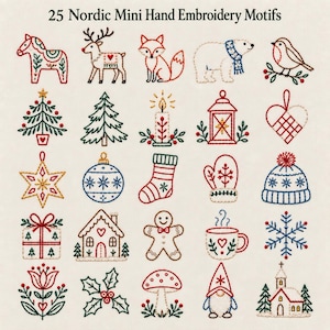 Könnte beinhalten: Eine Sammlung von 25 nordischen Mini-Handstickmotiven mit roten, grünen und blauen Stickereien, darunter ein Dala-Pferd, Rentier, Fuchs, Eisbär, Vogel, Bäume, Kerze, Laterne, Herz, Stern, Kugel, Socke, Fäustling, Mütze, Geschenk, Haus, Lebkuchenmann, Tasse, Schneeflocke, Blume, Stechpalme, Pilz, Wichtel und Kirche.