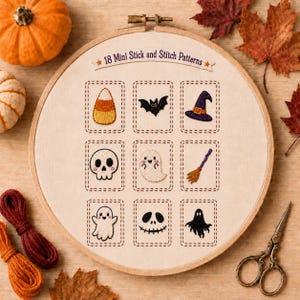 18 Mini Halloween Stick and Stitch Embroidery Patterns, Spooky Beginner Hand Embroidery Motifs, Printable PDF Download