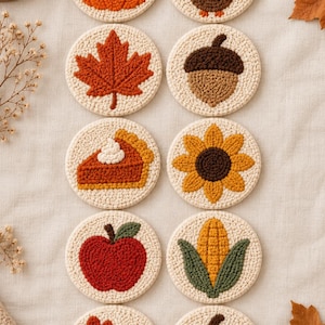 Thanksgiving Punch Needle Coaster Pattern Bundle, 10 Fall Designs, Pumpkin Turkey Autumn Coasters, Tufting Template, Digital Download