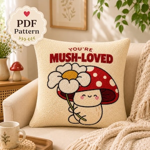 Kawaii Mushroom Punch Needle Pillow Pattern, Cute Punch Needle Cushion Patterns, Punch Needle Templates PDF, Instant Download