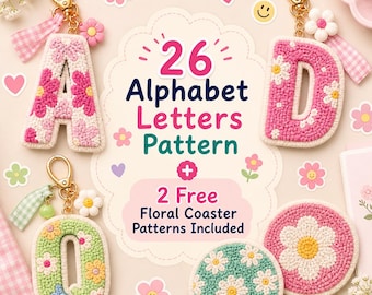 Lindos llaveros con letras para bordado con aguja perforadora, 26 plantillas fáciles para bordado con aguja perforadora, arte con aguja perforadora, diseños de letras florales en PDF, descarga instantánea.