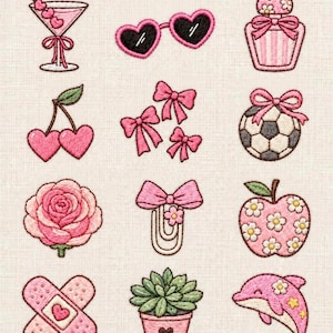 Könnte beinhalten: Eine Sammlung von 30 Girly Mini Hand Embroidery Patterns mit gestickten Symbolen, darunter ein Martiniglas, herzförmige Sonnenbrillen, eine Parfümflasche, Kirschen, Schleifen, ein Fußball, eine Rose, eine Büroklammer, ein Apfel, ein Pflaster, eine Sukkulente und ein Delfin.