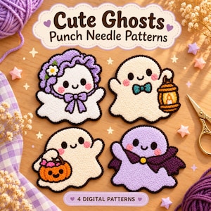 Może przedstawiać: Cztery wzory do haftu pętelkowego z uroczymi duszkami oraz napisem Cute Ghosts Punch Needle Patterns i 4 Digital Patterns. Duszki obejmują postać w fioletowym czepku, z latarnią, z wiaderkiem w kształcie dyni oraz w pelerynie.