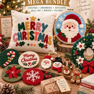 Puede incluir: Un paquete de patrones de bordado punch needle navideño con más de 100 diseños para posavasos, adornos, llaveros, arte mural, coronas y cojines. Incluye un cojín, un bastidor con un Santa Claus y varios objetos pequeños bordados.
