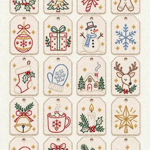 May include: A collection of 20 Christmas gift tag patterns featuring hand embroidery designs including a bird, tree, candy cane, gingerbread man, ornament, gift, snowman, snowflake, stocking, mitten, house, deer, bell, mug, candle, star, hat, wreath, pine, and sled.