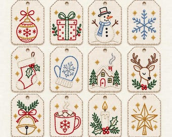 May include: A collection of 20 Christmas gift tag patterns featuring hand embroidery designs including a bird, tree, candy cane, gingerbread man, ornament, gift, snowman, snowflake, stocking, mitten, house, deer, bell, mug, candle, star, hat, wreath, pine, and sled.