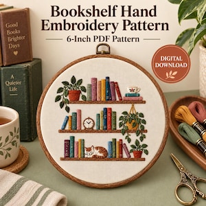 Bookshelf Hand Embroidery PDF Pattern: 6 Inch Book Lover Design with Cat and Plants, Beginner Stitch Guide, Digital Download