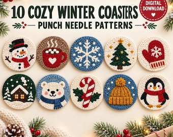 Op de afbeelding: Tien ronde punch needle onderzetter patronen met winterthema's, waaronder een sneeuwpop, warme chocolademelk, sneeuwvlok, kerstboom, want, blokhut, ijsbeer, zuurstok, gebreide muts en een pinguïn, met de tekst 10 COZY WINTER COASTERS PUNCH NEEDLE PATTERNS.