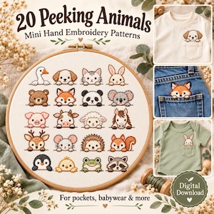 May include: A circular wooden embroidery hoop containing 20 hand-stitched designs of peeking animals, including a goose, dog, cat, rabbit, bear, fox, panda, koala, pig, cow, sheep, horse, deer, mouse, hedgehog, squirrel, penguin, chick, frog, and raccoon.