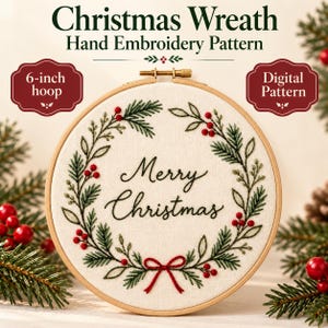 Christmas Wreath Hand Embroidery Pattern, Beginner Hoop Art, Botanical Embroidery PDF, Merry Christmas Decor, DIY Craft, Digital Download