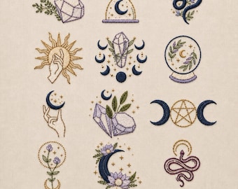 May include: A collection of 32 mini celestial hand embroidery patterns featuring motifs like snakes, crystals, moons, suns, and flowers stitched in shades of blue, purple, gold, and green on a light beige fabric background with the text 32 Mini celestial hand embroidery patterns.
